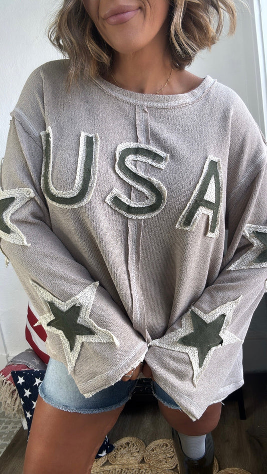 USA Distressed Light Weight Long Sleeve Top, Mocha