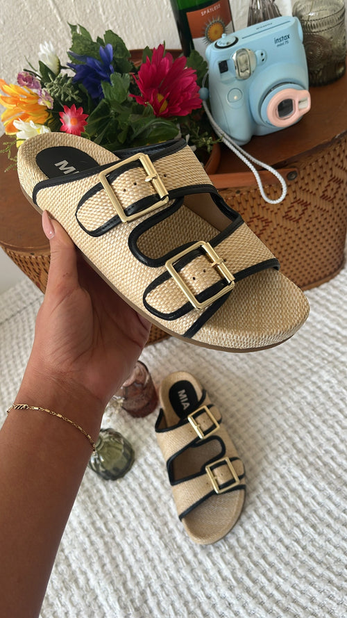 Sunwoven Buckle Strap Sandal, Black/Natural