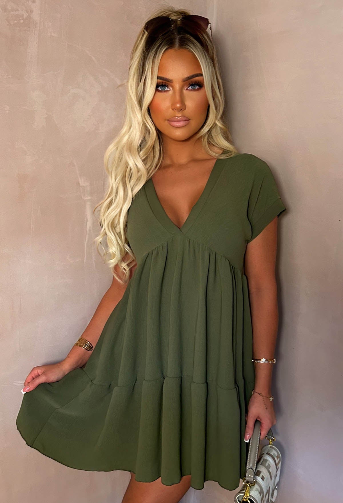Keep Me Cute Khaki V-Neck Tiered Smock Day Dress