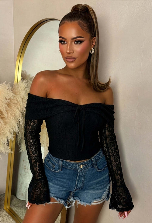 Heavenly Haze Black Lace Off Shoulder Top