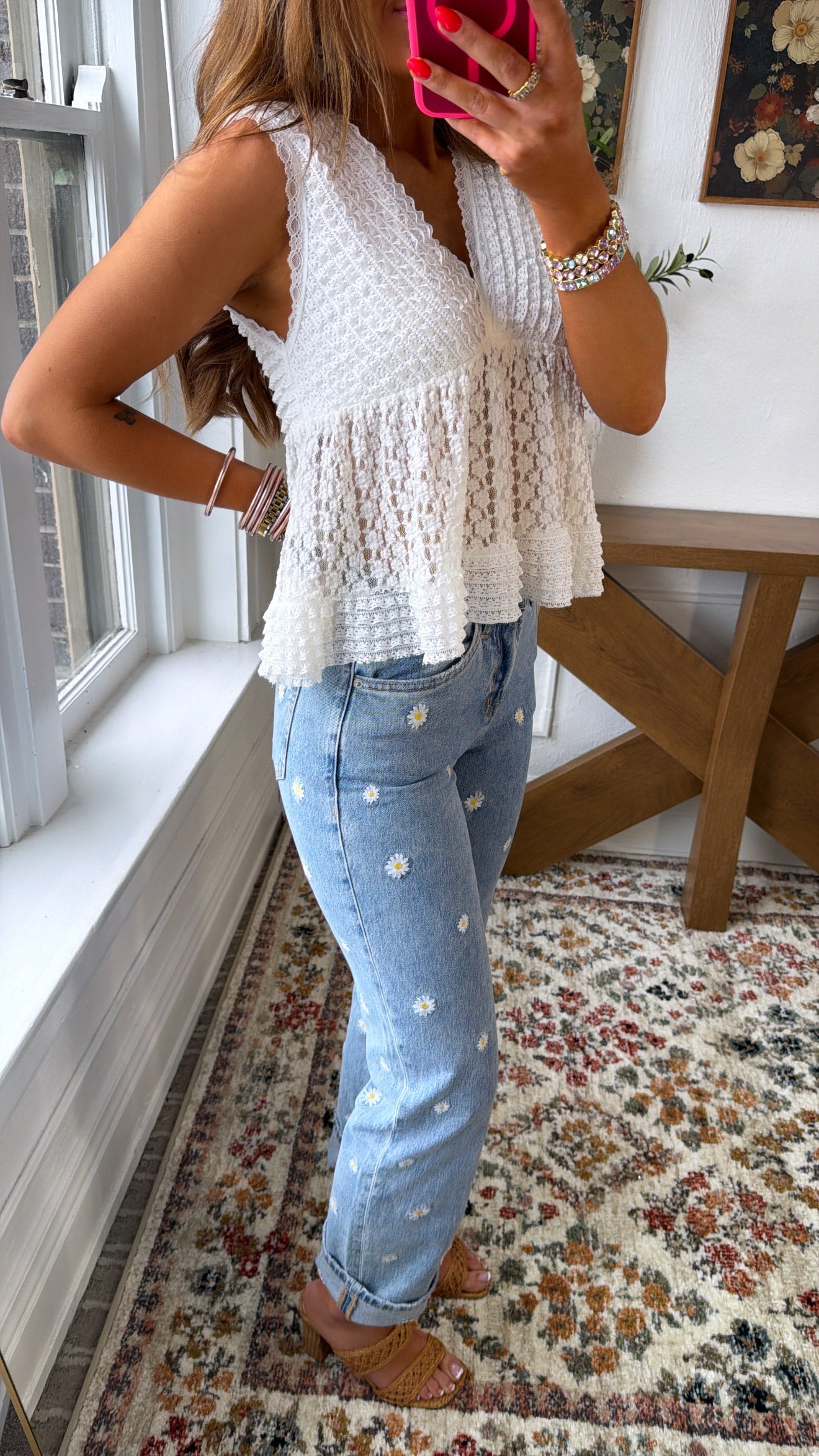 The Daisy Stitch Straight Leg Denim, Medium Wash