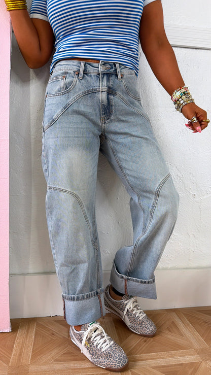 SAIGE: Studio Ready Barrel Jeans, Medium Light