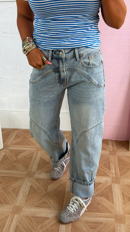 SAIGE: Studio Ready Barrel Jeans, Medium Light