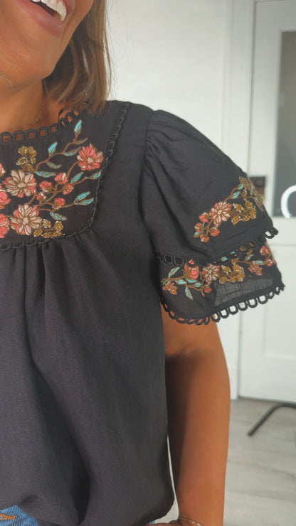 Sweet As Can Be Floral Embroidered Ruffle Sleeve Top, Black