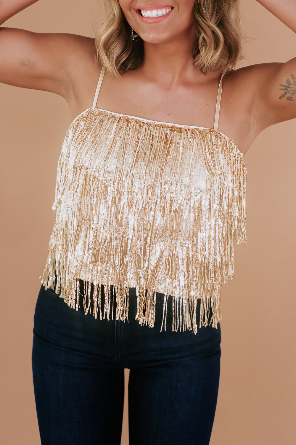 Sequin Tiered Fringe Cami, Gold