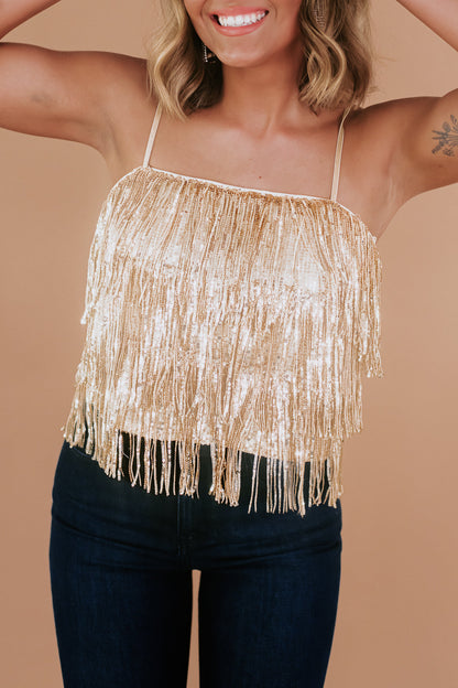 Sequin Tiered Fringe Cami, Gold
