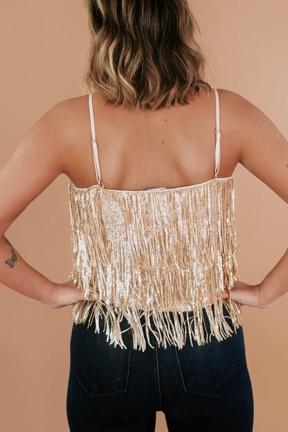 Sequin Tiered Fringe Cami, Gold