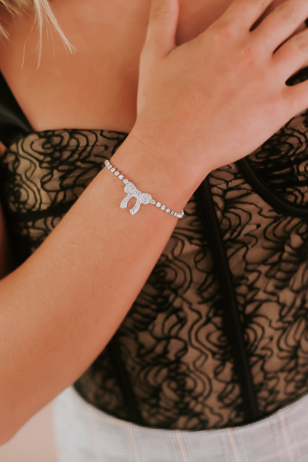 Rhinestone Studded Bracelet With Bow, Silver