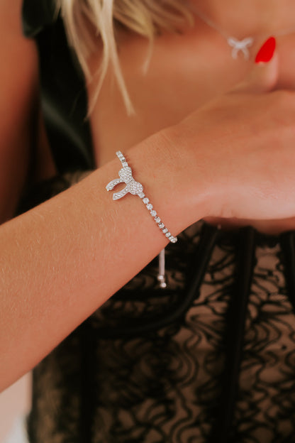Rhinestone Studded Bracelet With Bow, Silver