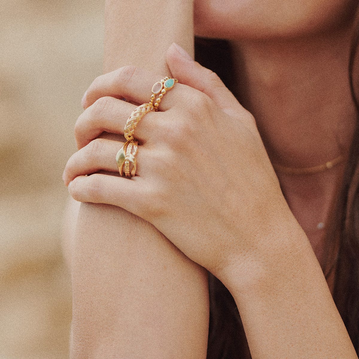 Amazonite Healing Stone Bobble Ring 18ct Gold Plate