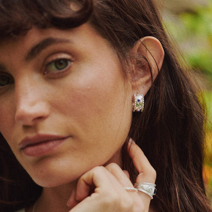 Amulet Stone Hoop Earrings Silver Plate