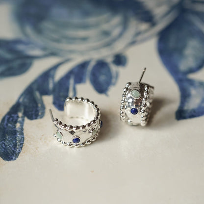 Amulet Stone Hoop Earrings Silver Plate