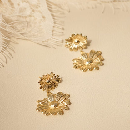 Double Daisy Flower Earrings 18ct Gold Plate