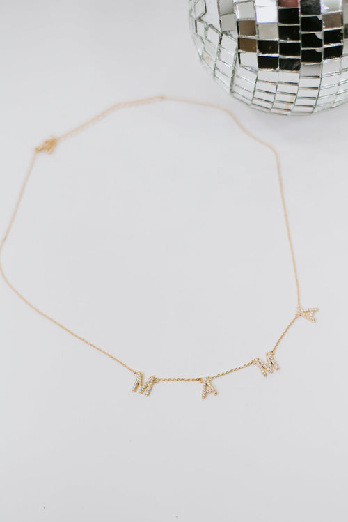 Rhinestone Mama Necklace, Gold
