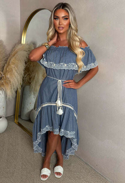 Flirt And Frill Blue Bardot Boho Lace Trim Chambray Dress