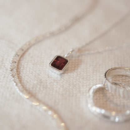 Garnet January Birthstone Charm Necklace Sterling Silver