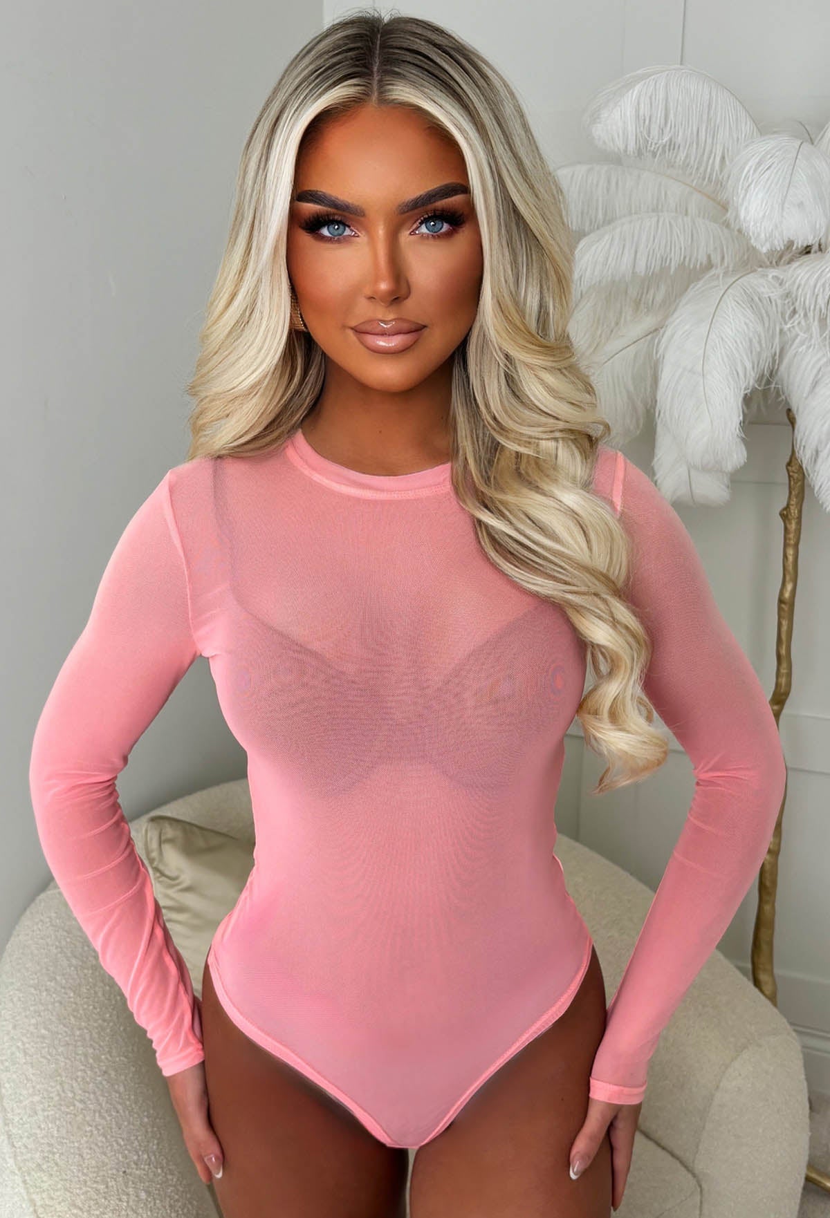 Hard To Miss Coral Sheer Mesh Bodysuit