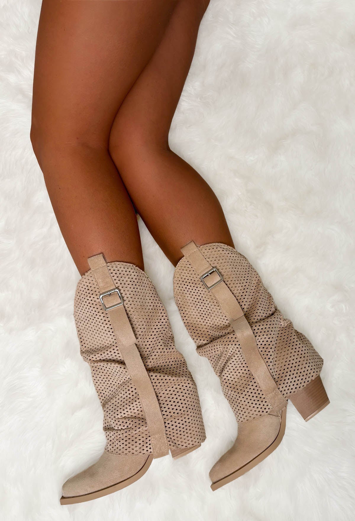 Hoedown Throwdown Beige Faux Suede Buckle Boots
