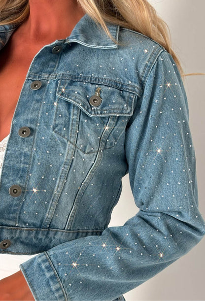 Jessy Light Wash Denim Cropped Hot Fix Jacket