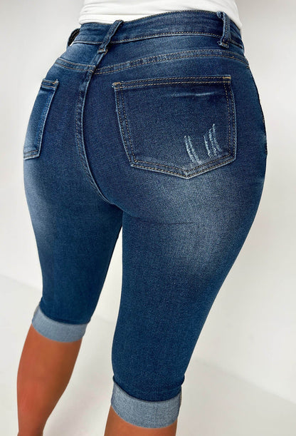 Jodie Mid Wash Stretch Ripped Denim Capri Pants With Turn Up's