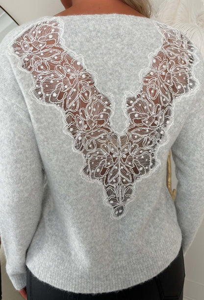 Just So Chic Grey Lace Back V Neck Jumper