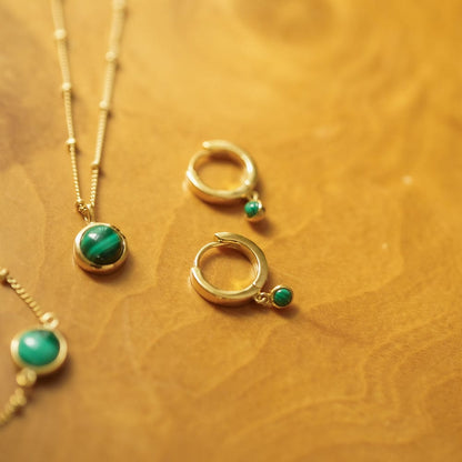 Malachite Healing Huggie Hoop Earrings 18ct Gold Plate