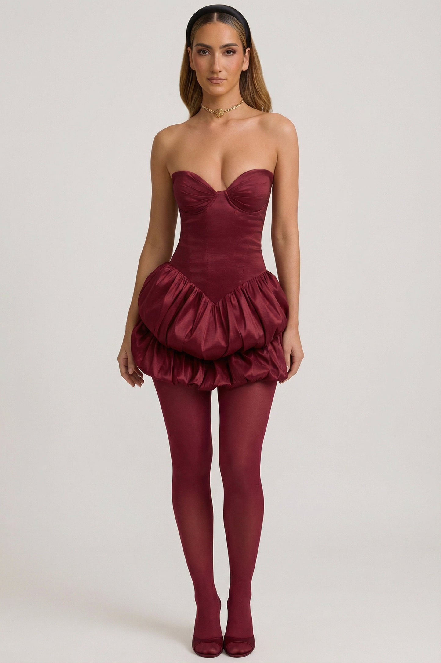 Satin Bubble Hem Corset Mini Dress in Wine Red