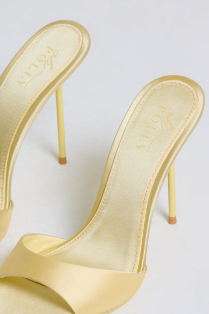Satin Heeled Mule Sandal in Butter Yellow