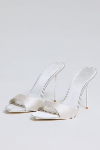 Satin Heeled Mule Sandal in Pearl White