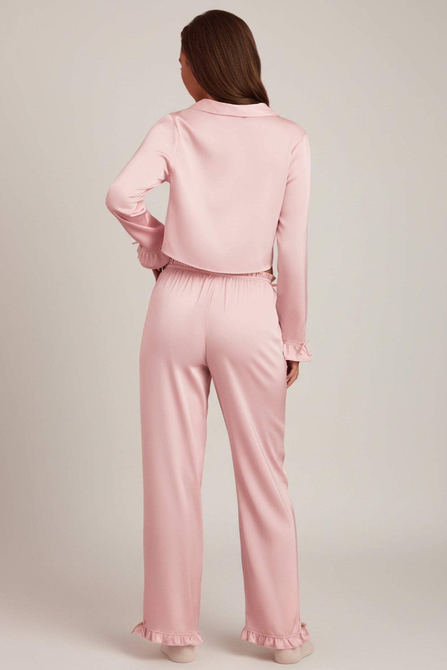 Ruffle-Trim Mid-Rise Pyjama Trousers in Baby Pink
