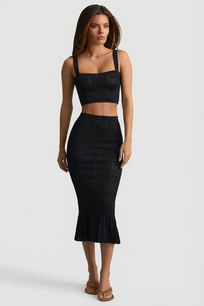 Ruffle-Trim Pointelle-Knit Midaxi Skirt in Black