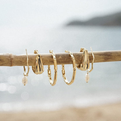 Organic Hoop Pearl Drop Earrings 18ct Gold Plate