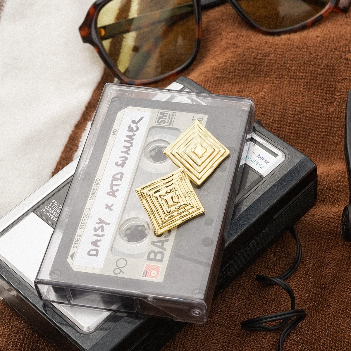 Oversized Strata Square Studs Earrings 18ct Gold Plate