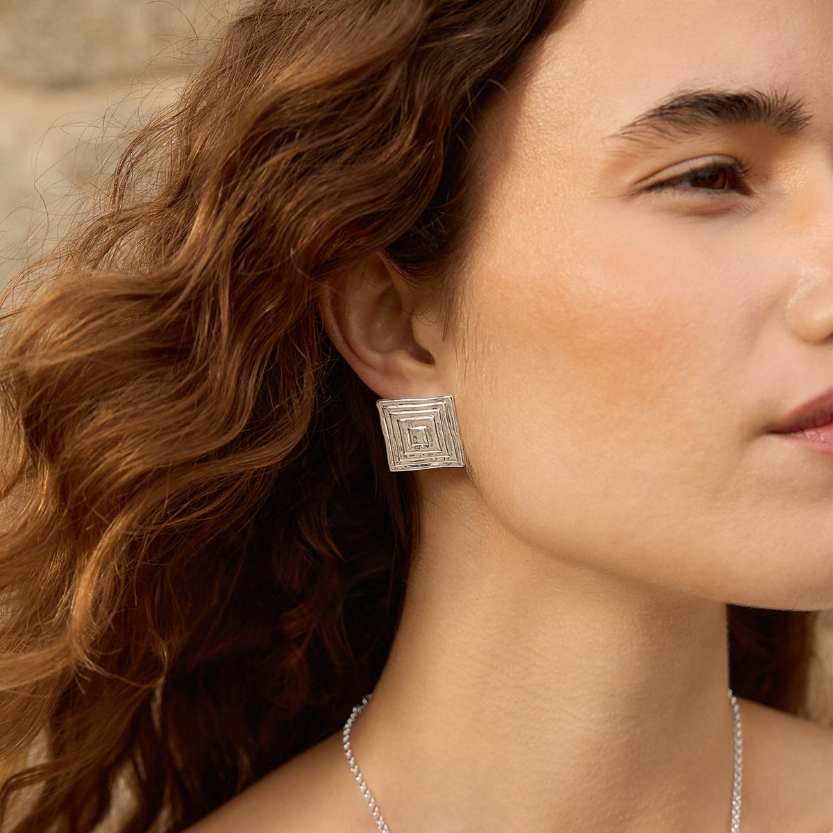 Oversized Strata Square Studs Earrings Silver Plate