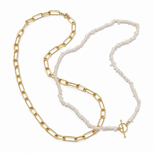 Polly Beach Pearl and Paperclip Necklace Layering Set 18ct Gold Plate