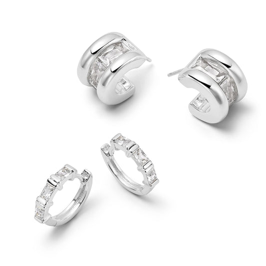 Polly Crystal Mini Hoop & Huggie Earring Stack Sterling Silver