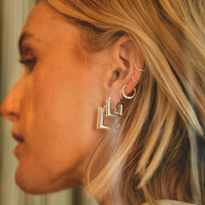 Polly Mini Chubby Square Hoop Earrings Silver Plate