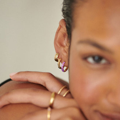 Purple Fine Stripe Huggie Hoop Earrings 18ct Gold Plate