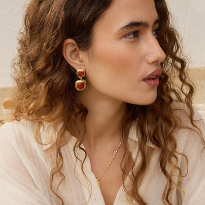 Red Jasper Organic Double Drop Earrings 18ct Gold Plate