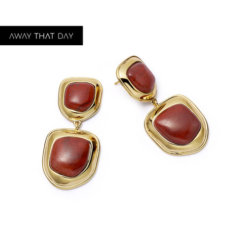 Red Jasper Organic Double Drop Earrings 18ct Gold Plate