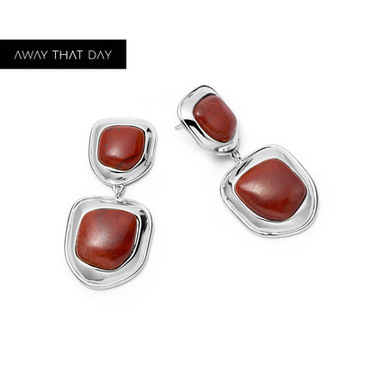 Red Jasper Organic Double Drop Earrings Silver Plate