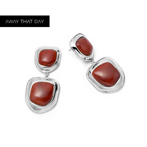 Red Jasper Organic Double Drop Earrings Silver Plate