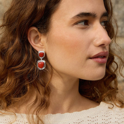 Red Jasper Organic Double Drop Earrings Silver Plate