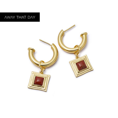 Red Jasper Square Chubby Hoop Earrings 18ct Gold Plate