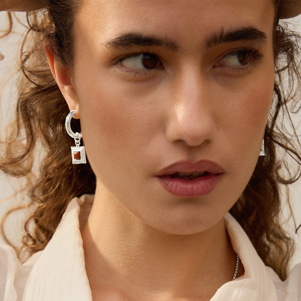 Red Jasper Square Chubby Hoop Earrings Silver Plate