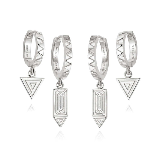 Silver Artisan Stamp Huggie Duo Set Sterling Silver