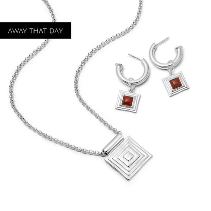Strata Red Jasper Earrings & Necklace Set Silver Plate